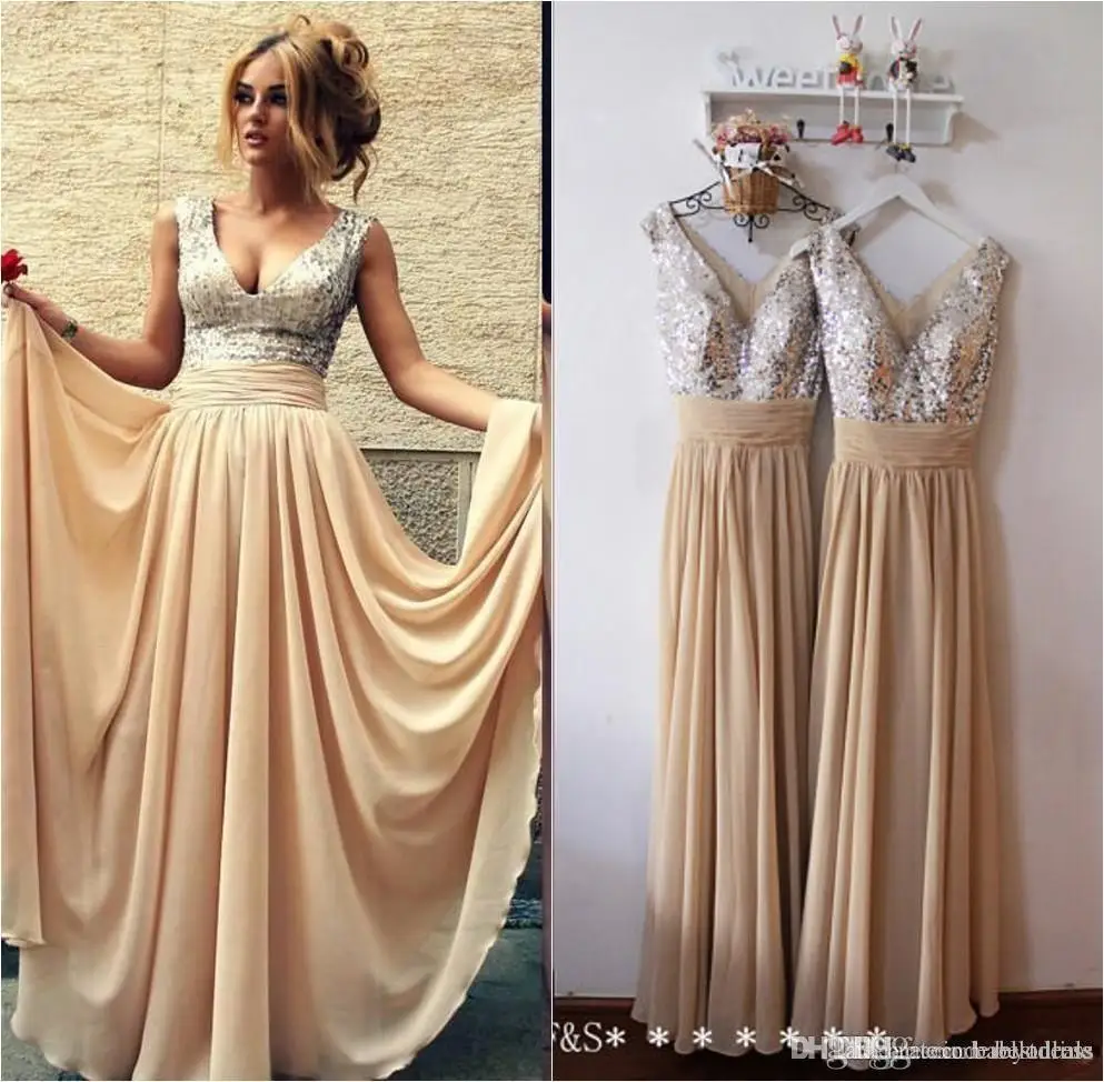 2016 Ready To Ship Sequins Prom Dresses Long Sexy V Neck Pleated A-Line Long Chiffon Formal Party Dresses Evening Gowns Bridesmaid Gowns 046