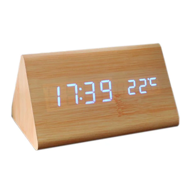 

HGHO- Voice Control Calendar Thermometer e Wood Wooden LED Digital Alarm Clock USB/AAA Bamboo Wood Blue LED