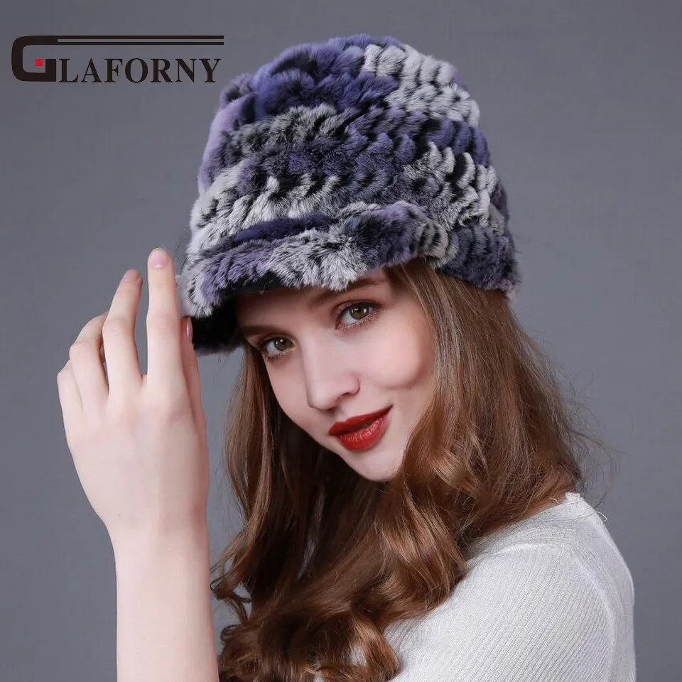 Glaforny 2018 женские модные меховые козырьки вязаные шапки из меха кролика рекс с