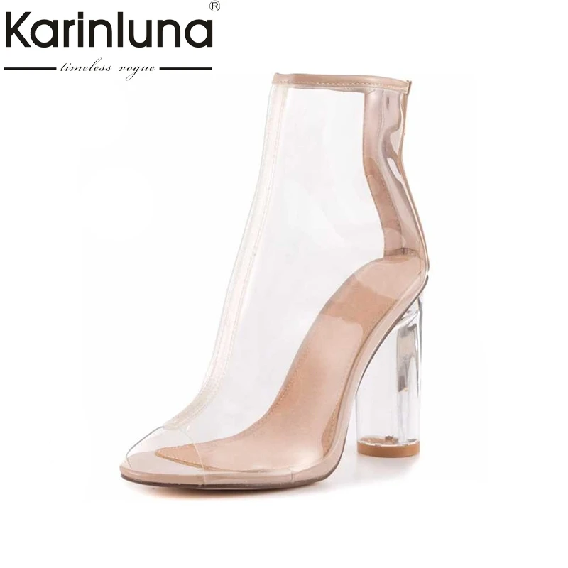 

KARINLUNA 2018 Fashion Women Transparent High Heel Less Platform Summer Boots Woman Zip Open Toe Genuine Leather Shoes