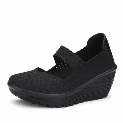 Для женщин ткань Клин Спортивная Обувь для прогулок, Летний стиль женский платформа Спортивная обувь Обувь для Для женщин - Цвет: Черный