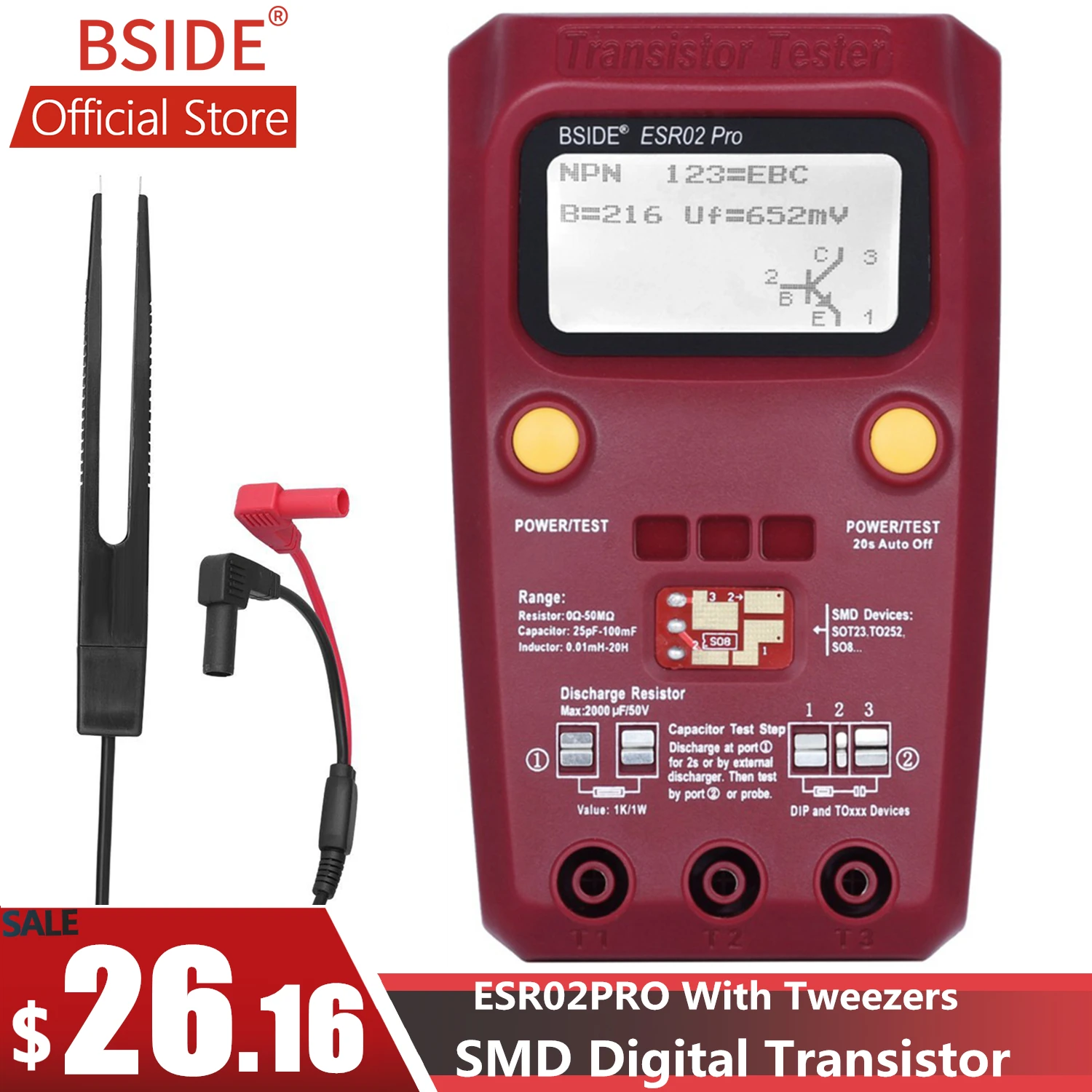 Baratos Official BSIDE ESR02PRO Digital transistor SMD Components tester Diode Triode Capacitance Inductance Multimeter ESR Meter