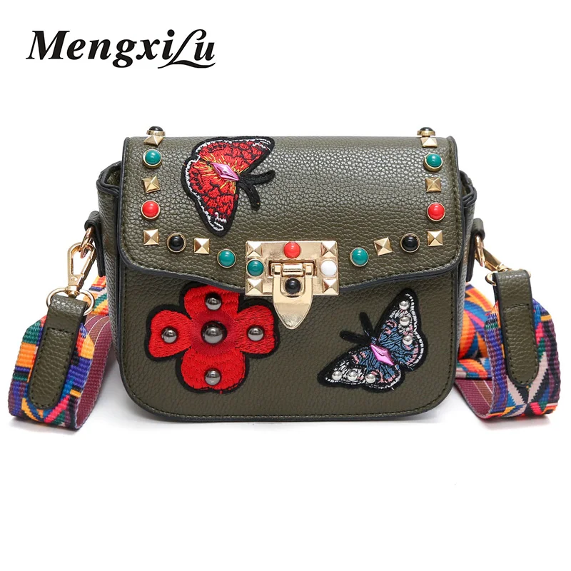 

2019 Butterfly Animal Pattern Fashion Mini Women Bags Rivets Embroidery Floral Bag Designer PU Leather Crossbody Bags Sac A Main