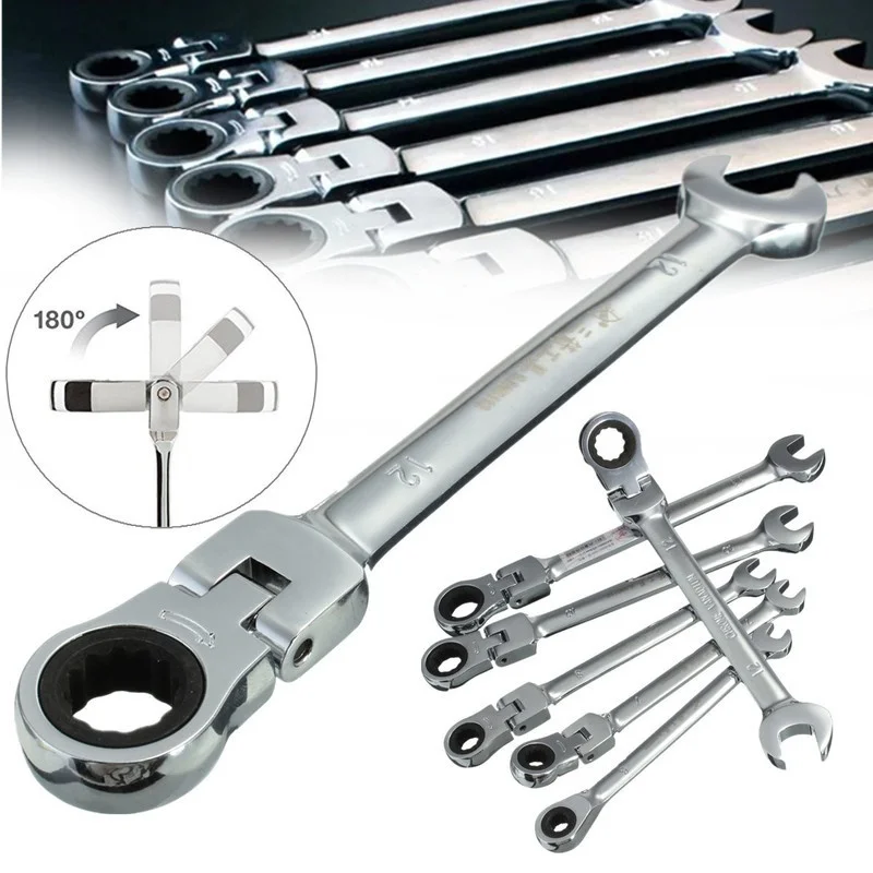 

6pcs a Set 6mm-12mm Flexible Pivoting Head Ratchet Combination Spanner Wrench Garage Metric Tool