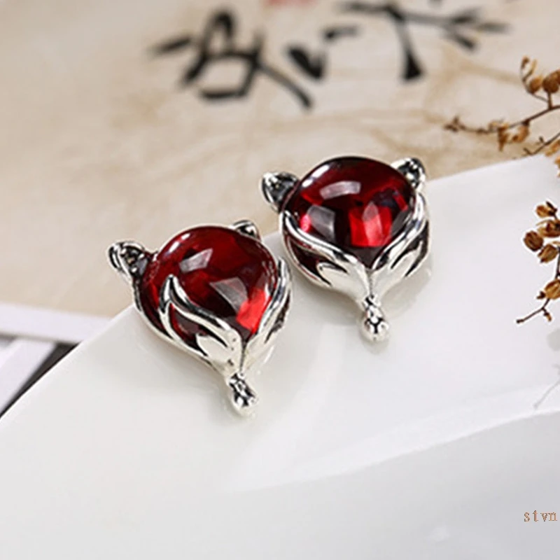 

NOT FAKE S925 Fine Jewelry Ruby Stud Earrings Women Handmade Cute Fancy Fox Vintage Natural Carnelian Retro Semi Ruby red jasper