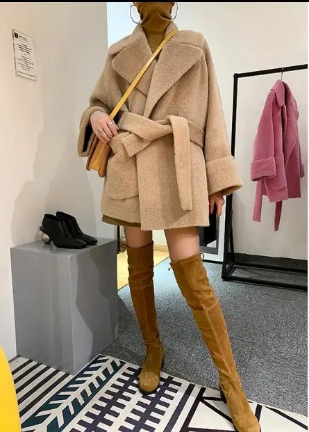 

2018 high-end quaity alpaca luxury coat cashmere wool jacket with belt irregular designer chic pink/camel thick warm overcoat