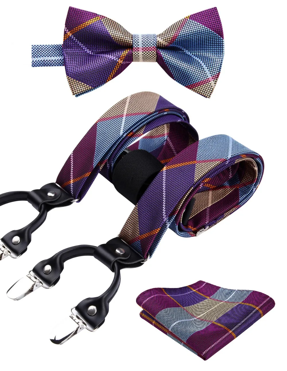 

Check&plaid Various Classic Braces 6 Clips Suspenders Self Bowtie and Pocket Square Set #S2