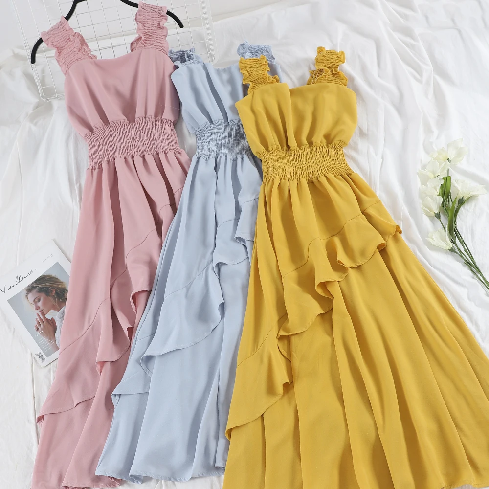 

2019 summer new beach style holiday women dresses strap ruffles solid slim A-line lady elegant long chiffon dresses