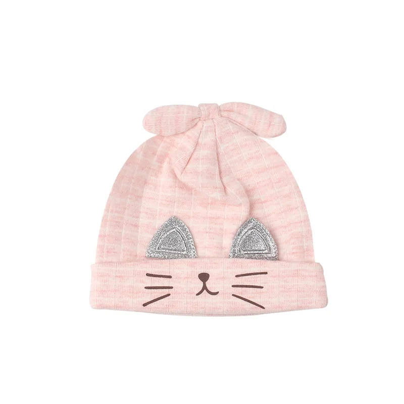Pink Хлопковая детская шапка с рисунком кота для новорожденных девочек, милая детская шапочка с рисунком, шапка для новорожденных мальчиков, весенне-осенняя одежда для маленьких девочек 0-3 месяцев - Цвет: Pink