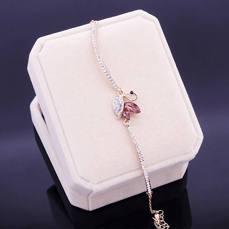 Стильные розовые Кристальные браслеты-лебеди для женщин милые изысканные 3 цвета очаровательные браслеты и браслеты Модный свадебный подарок - Окраска металла: Rose Gold And Purple