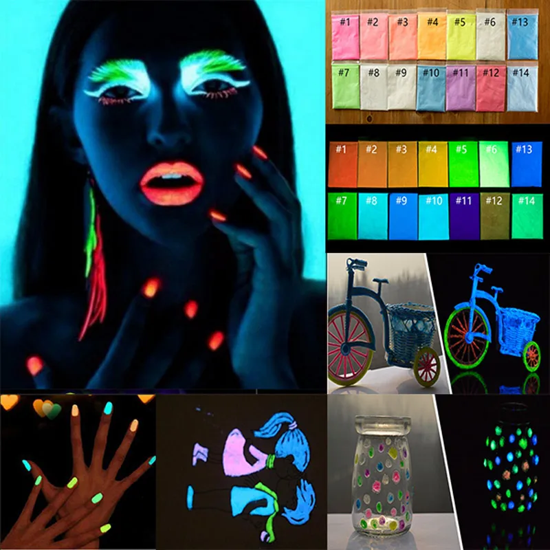 

10g Glitter Phosphor Coating Chrome Nail Art Photoluminescent Dust Glow in Dark Luminous Fluorescent Powder Pigment 17 Colors