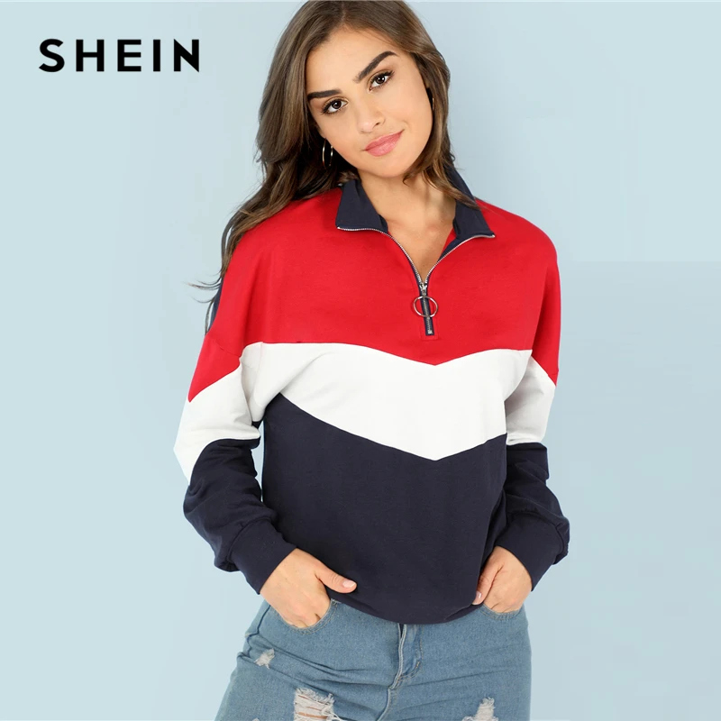  SHEIN Multicolor Minimalist O-Ring Zip Front Cut And Sew Stand Neck Raglan Sleeve Sweatshirt Autumn