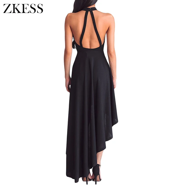 Zkess Women Black Hi-low Party Dress Sexy Sheer Mesh Lace Halterneck Decolletage Ruched Sleeveless Formal Midi Dress LC61800 1