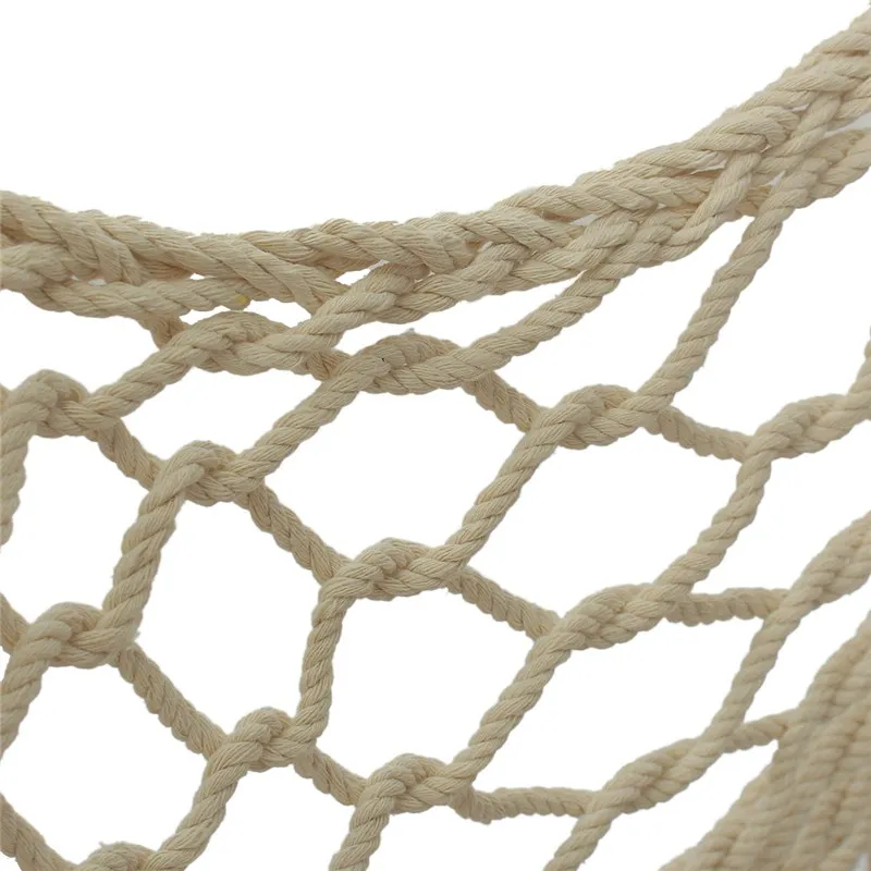 Hanging Rope Chair Beige Net Swing Seat Cotton Canvas Rope Hammock Cradle Chair With Wood Stretcherdoor Outdoor Garden Yard 6