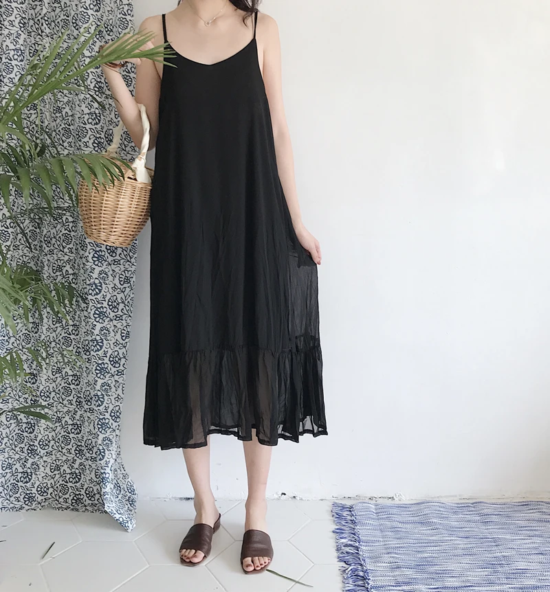 

2019 summer women good quality Korean style sleeveless pleated strap basic dress female mid-calf high waist chiffon dresses