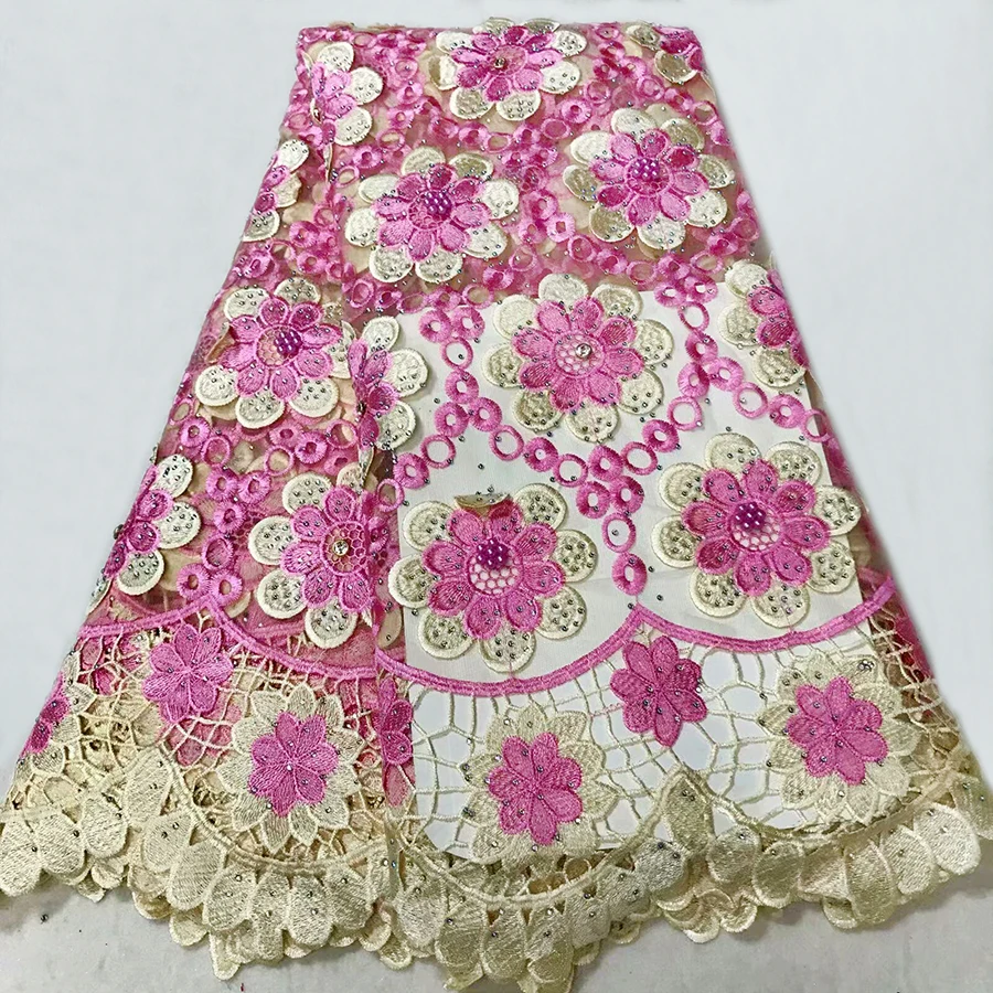 

High Quality Pink and beige African Lace Fabrics Nice French Net Embroidery Tulle Lace Fabric For Nigerian Dress