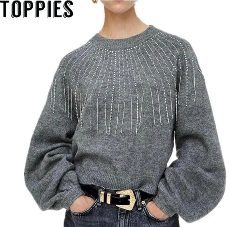 2018 Autumn Women Lantern Sleeves Rhinestone Sweaters Gray Color Knit