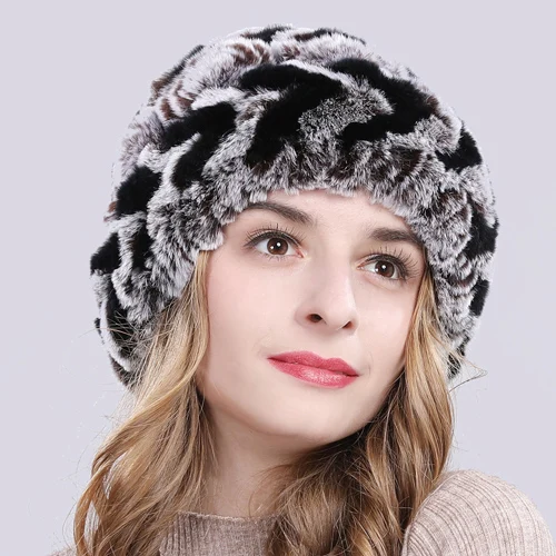 coffee black Женские шапки из натурального меха кролика Рекс, вязаные шапки в полоску из натурального меха кролика Рекс, шапка, Новая русская зимняя теплая шапка с цветами - Цвет: coffee black