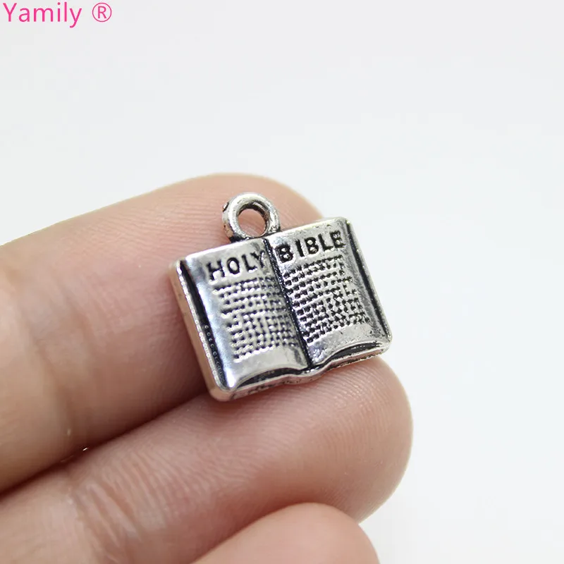 15pcs 15x15mm Bible Charms Antique Silver tone opened Holy Bible Charms