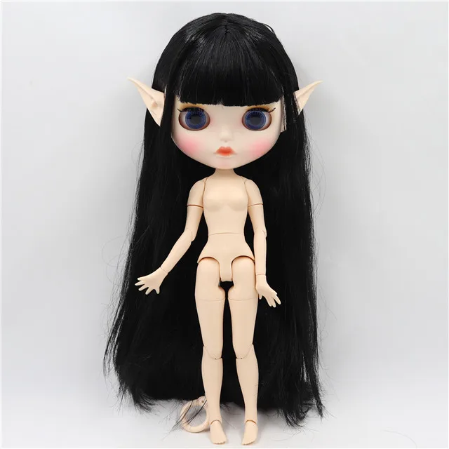 Ледяная фабрика blyth кукла 1/6 bjd белая кожа сустава тела черные волосы BL117, блестящее лицо или новое матовое лицо - Цвет: doll with EARS