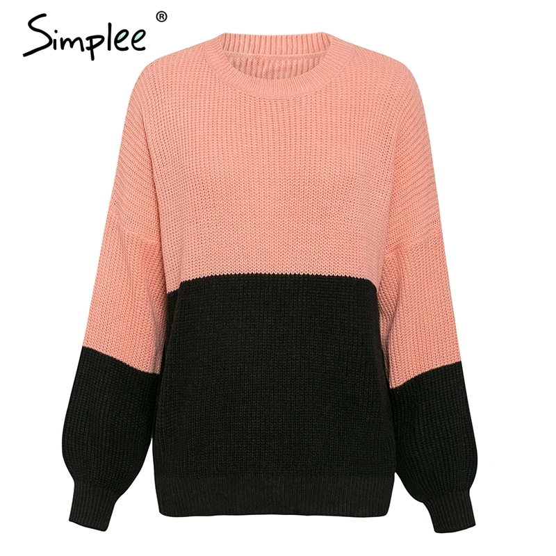 Simplee Повседневный сплошной свитер с длинным рукавом Vintage лоскутное вязаный женский пуловер женский осень зима свободно перемычка - Цвет: Розовый