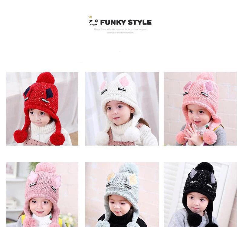 Бархатные шапочки для мальчиков, шерсть с кошачьими ушками, однотонная зимняя вязаная шапка для малышей, детские шапки с ушками для девочек 2-6 лет