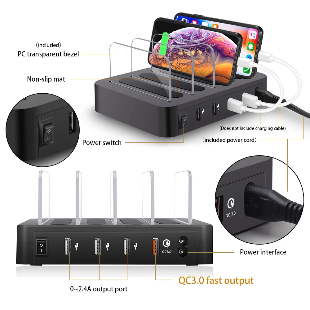 FDGAO QC 3,0 USB зарядное устройство 4 порта usb зарядная док-станция настольная подставка многопортовое зарядное устройство для мобильного телефона iPhone iPad samsung