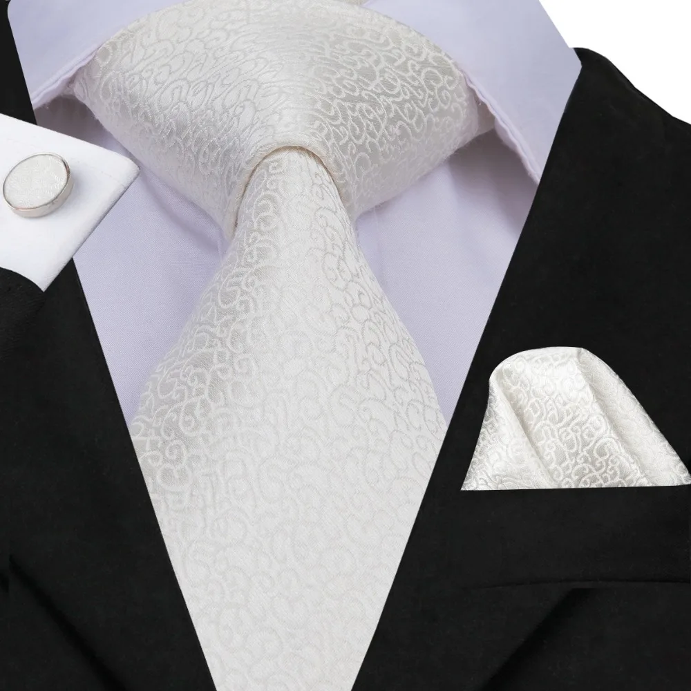 Hi-Tie Famous Brand Tie For Man 100% Silk White Solid Tie Set Business Wedding Ties Hanky Cufflinks Set Gravatas C-3039
