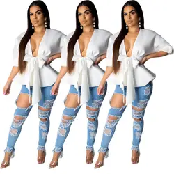2019 белая блузка для вечеринок с глубоким v-образным вырезом и оборками Женская сексуальная летняя рубашка с бантом Пояса