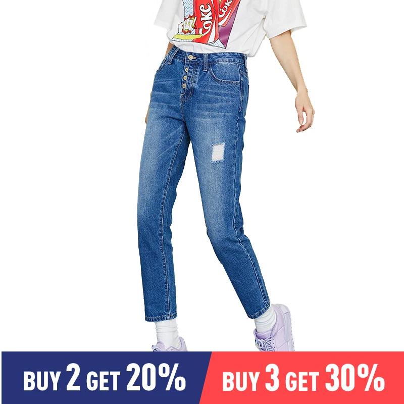 

Toyouth Blue Ripped Bleach Wash Denim Jeans Women Casual Button Fly Mid Waist Straight Leg Plain Trousers Female Denim Pants