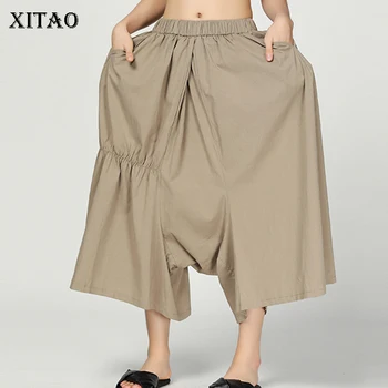 

[XITAO] New Women 2019 Summer Korea Fashion Solid Color Loose Wide Leg Pants Female Elastic Waisted Ankle-length Pants DLL3271