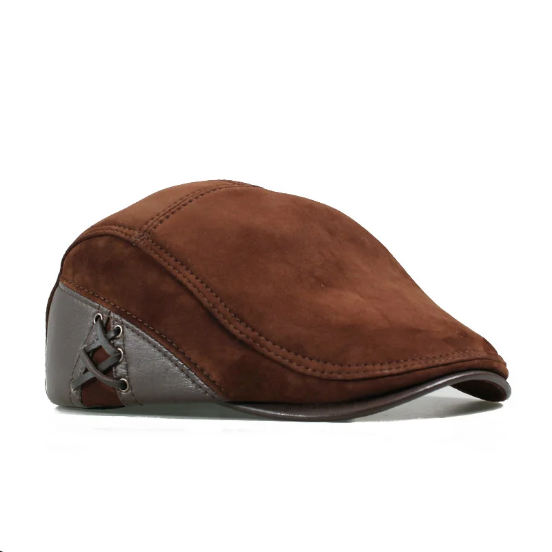 

RY0306 Fashion European Style Genuine Leather Caps Beret Man Casual Sheepskin Suede Black/Brown Fitted Duckbill Hats Male Boina