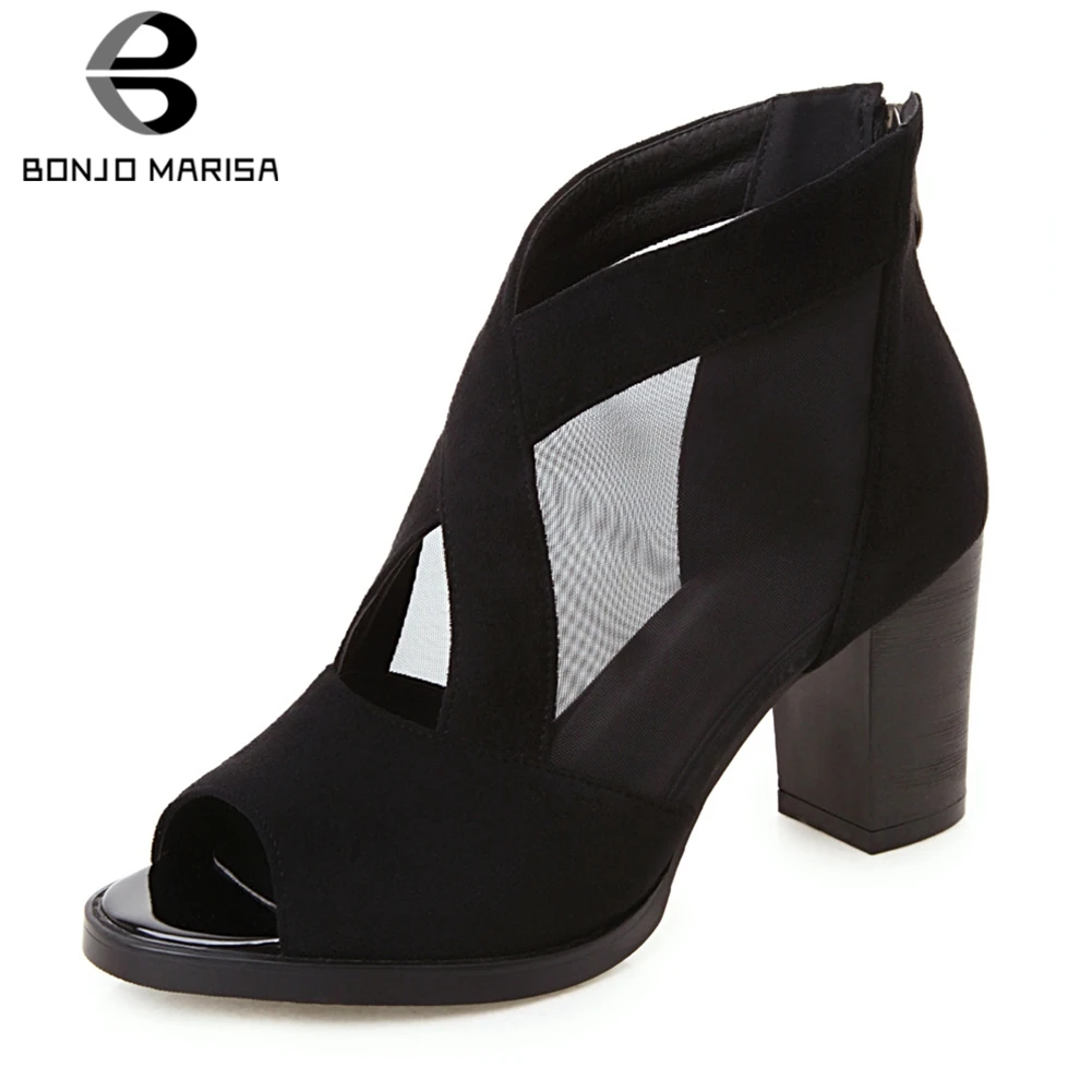 

BONJOMARISA New Arrivals 2019 Peep Toe Solid Fashion Boots Woman Shoes Square Heels Zipper Shoes Woman Boots Lady Shoe