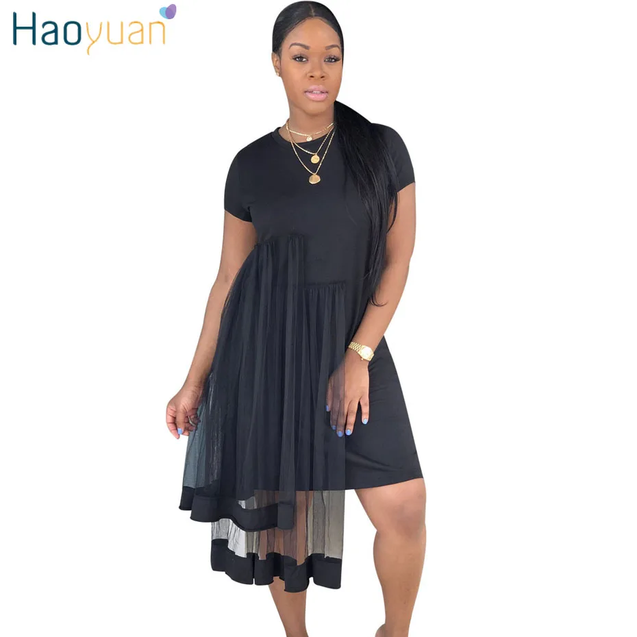 

HAOYUAN 2019 New Short Sleeve Summer Dress Women Clothes Casual Vestido Boho Beach Dresses Sexy Gray Black Mesh T Shirt Sundress
