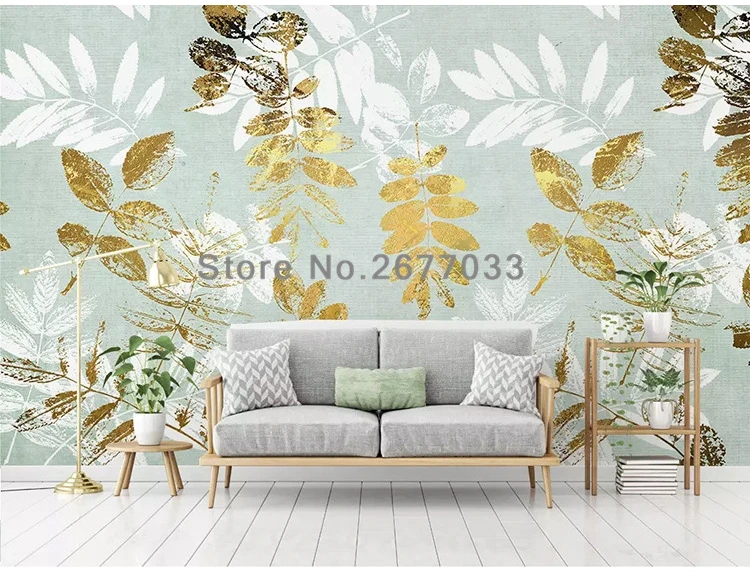 Пользовательские 3D обои Nordic Минималистский небольшой свежий Золотые листья фото настенная живопись Гостиная ТВ диван фоне стены ткань