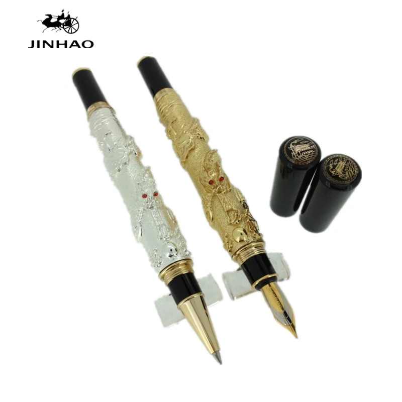 Jinhao Chinese Dragon Antique Pen Set Silver Ballpoint Pen + Golden Fountain Pen Free Shipping