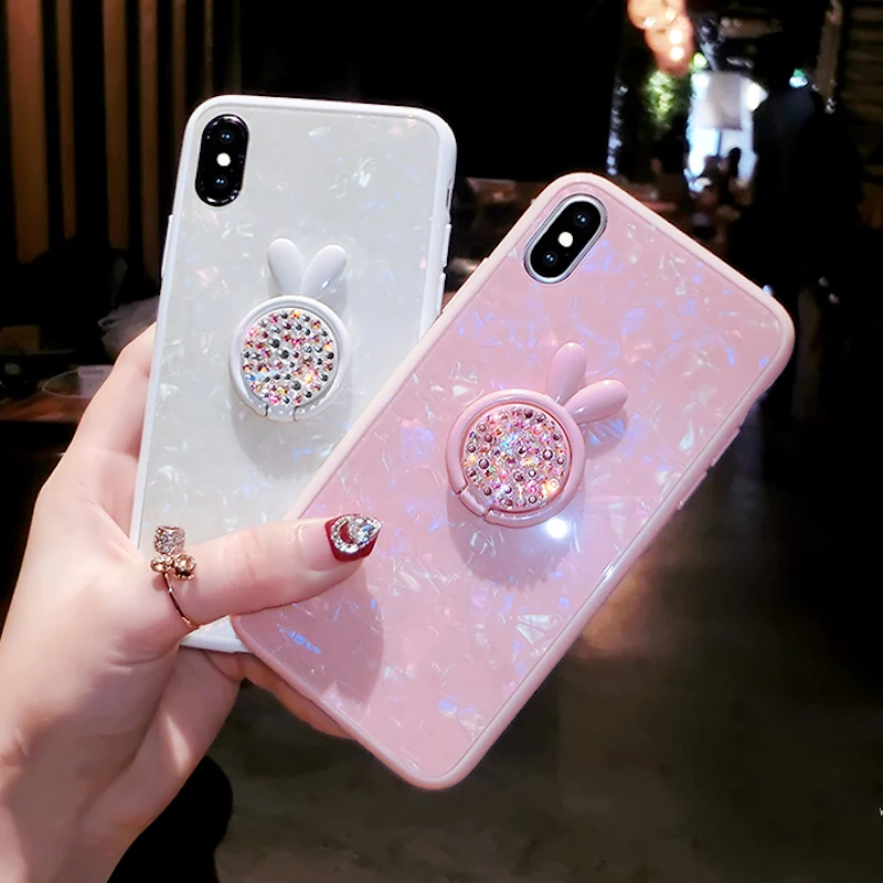

For iPhone 6 6s 7 8 plus X Luxury Cute Girls Cartoon rabbit glitter diamond finger ring shell tempered glass phone case cover
