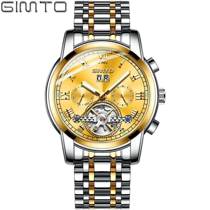 GIMTO Мужские автоматические механические часы мужские золотые часы из нержавеющей стали часы с датой механизм турбийон наручные часы - Цвет: Gold Silver