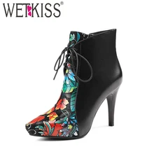 Wetkiss/зрелые Цветочный принт Ботильоны пикантные Высокие каблуки женские зимние ботинки Пояса из натуральной кожи женская обувь на молнии женские