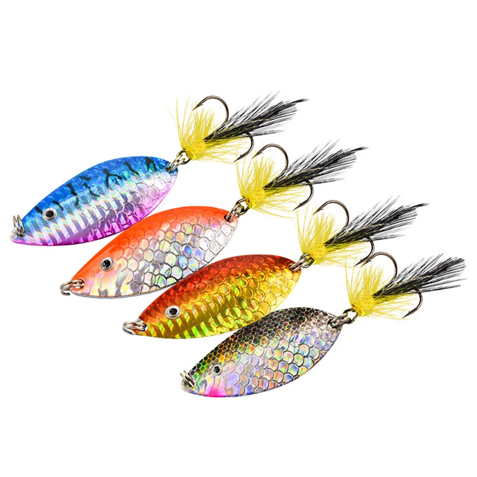 

1PCS Metal Spinner Spoon Fishing Lure 6.5cm/8.5cm 8g/19g Hard Baits Sequins Noise Paillette with Feather Treble Hook Tackle AS01