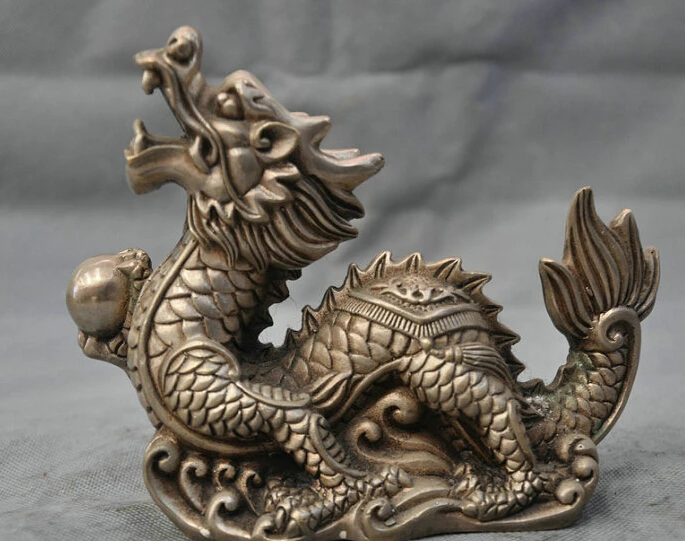 

7" Chinese Silver Bronze Feng Shui Dragon Hold Ball Statue R0712