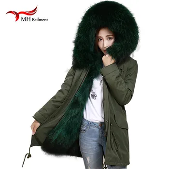 

New Real raccoon Fur Collar Lined With Fox Fur Coat Liner Female Coat Army Green Long Jackets Slim Winter Jacket Women A#48