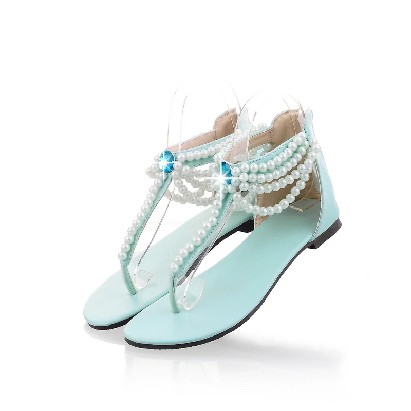 

PQECFS Big size 34-43 high quality hot sale summer fashion women solid sweet string bead flat sandals 4 colors