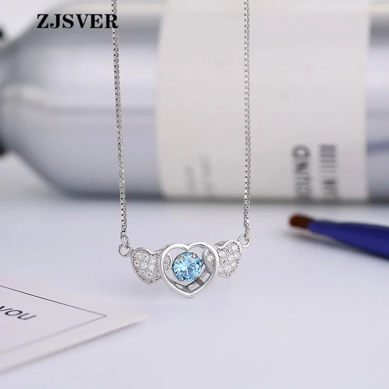 

ZJSVER Fine Jewelry 925 Sterling Silver Link Chain Necklace Heart To Heart Shape With Blue Crystal Pendant Silver Women Necklace