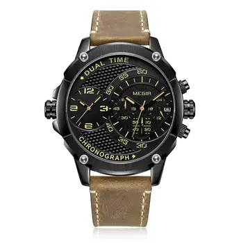 

Megir Top Brand Men's Double Time Zone Chronograph Quartz Watches Waterproof Lumious Leather Band Army Sports Wristwatch