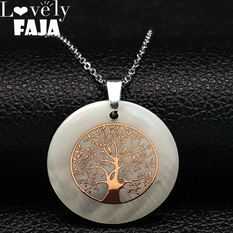 

2019 Tree of Life Stainless Steel Shell Necklace Rose Gold Color Statement Necklace for Women Jewelry colgantes mujer moda N1892
