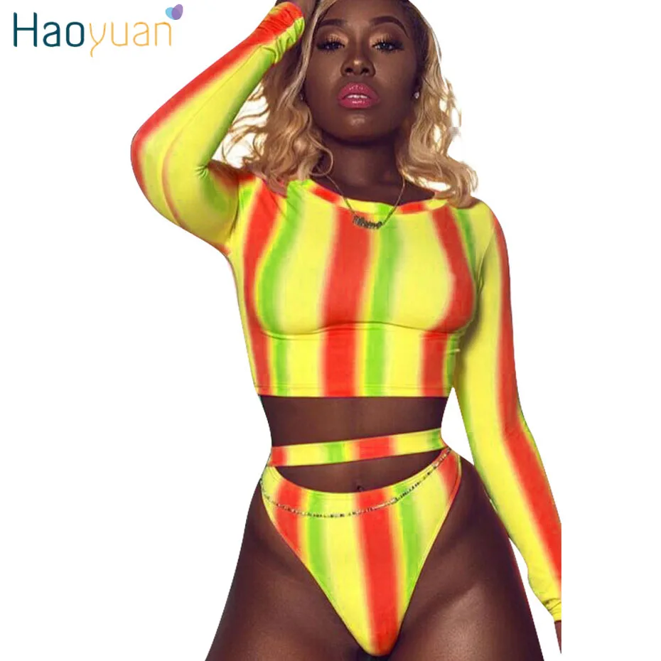 

HAOYUAN Plus Size Sexy Two Piece Set Women Long Sleeve Crop Top and Briefs Shorts Summer Boho Beach Outfits 2 Pcs Matching Sets