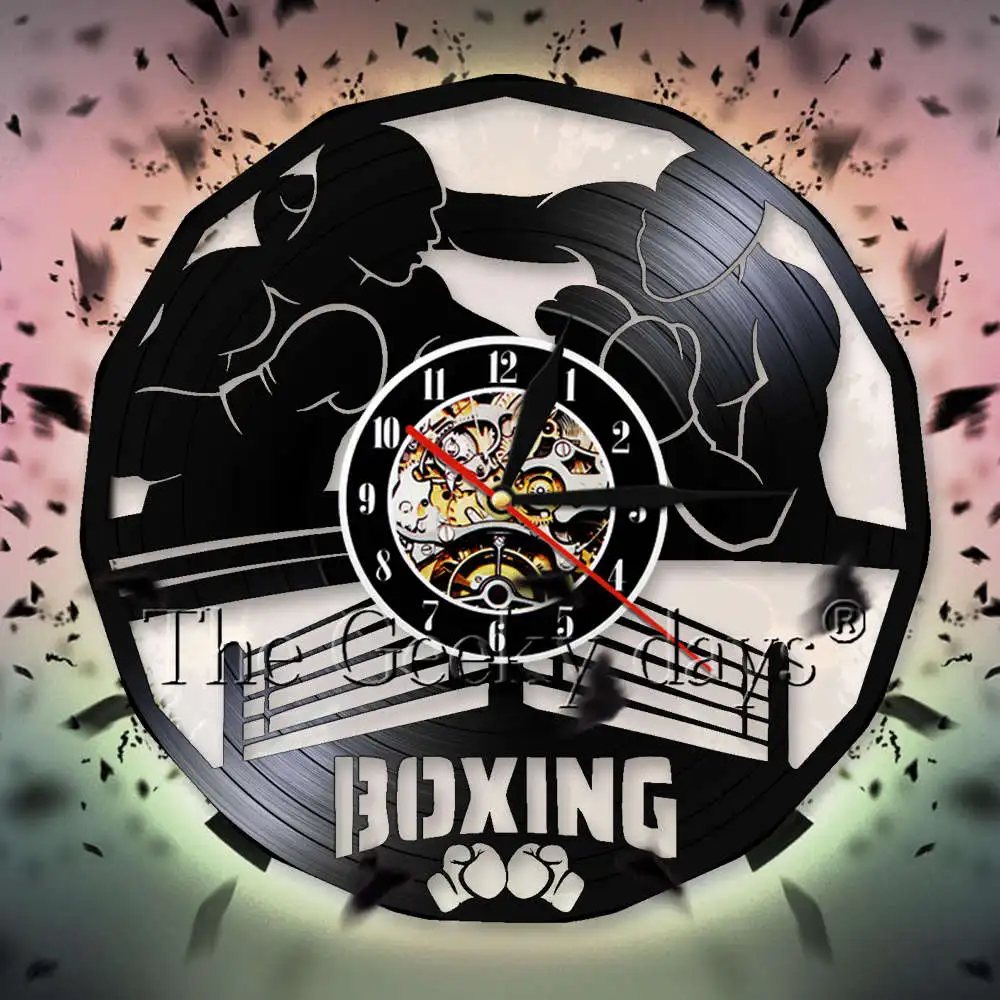 

Boxing Club Wall Sigh Boxing Player Boxing Silhouette 3D Wall Clock Personality Vinyl Record Wall Clock Boxing Decor For Boys