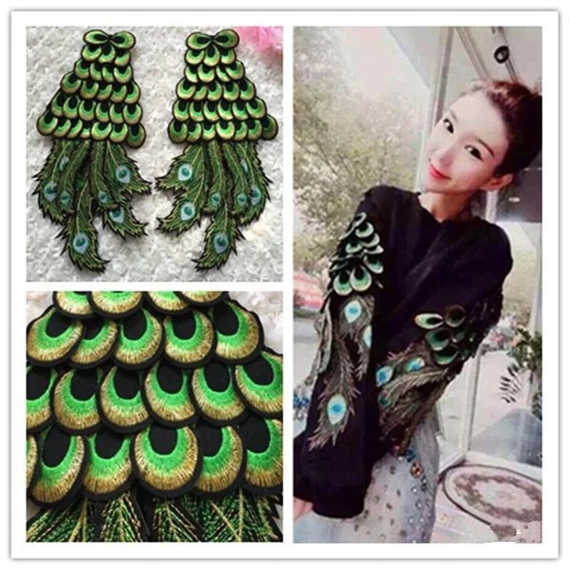 

Large/small Size Plush Lace Luxury Embroidered Green Peacock Patch Applique DIY Garment Accessories Wedding Decoration