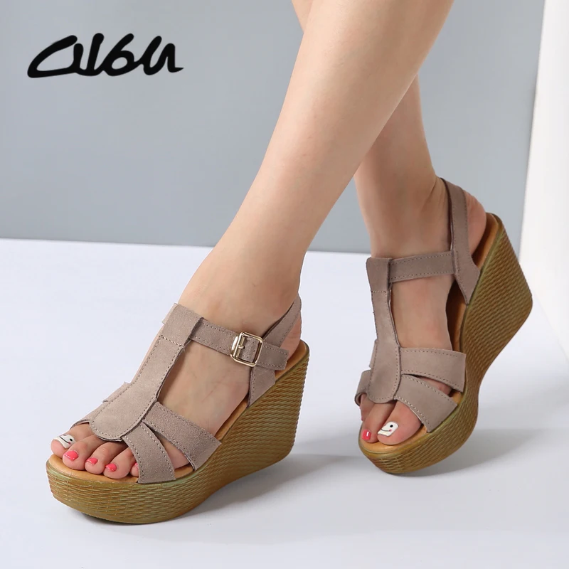 

O16U Women Sandals Shoes platform Leather high heels Sexy Open toe Gladiator Rome Ladies Wedges summer Brand Luxury Black khaki